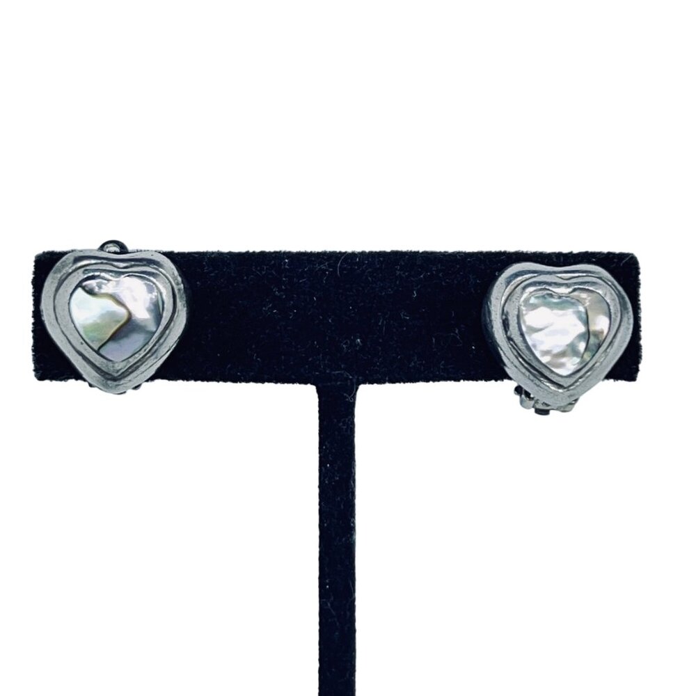 Taxeco Mexico Sterling Silver And Abalone Shell Heart Clip On Earrings (5488)